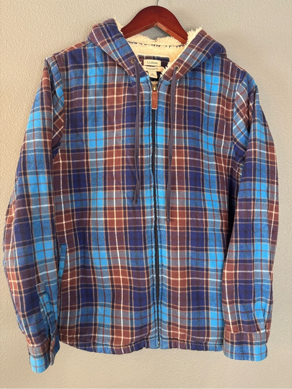 L.L.Bean Womens M Plaid Sherpa Lined Flannel Hooded Full Zip Jacket Relaxed Fit